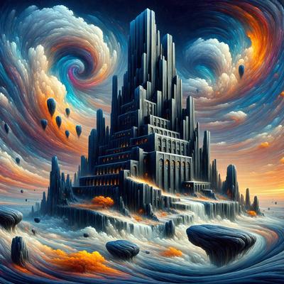 The primary subject of the image is a large, intricately designed castle with a tall tower. The setting is a cloudy sky, which adds a dramatic atmosphere to the scene. The visual style is a digital art or illustration, showcasing the artist's creativity and attention to detail. The colors and mood of the image are predominantly dark and moody, with the castle and its surroundings being the main focus.